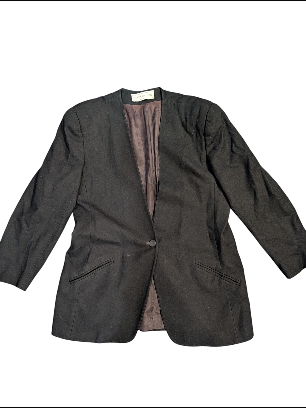 Vintage Evan Picone 100% Worsted Wool Black Blazer L/XL Collarless Long Jacket